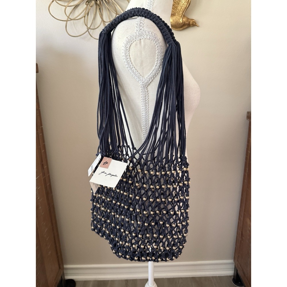 Free People Wishing‎ Well Beaded Tote Bag NWT Navy Macrame Crochet Gold Studded